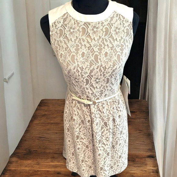 Calvin Klein white lace & cream sheath dress belted size 4 - Picture 2 of 7